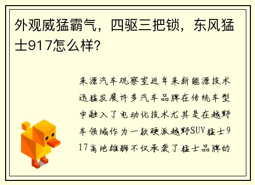 外观威猛霸气，四驱三把锁，东风猛士917怎么样？