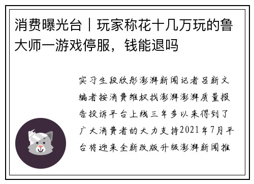 消费曝光台｜玩家称花十几万玩的鲁大师一游戏停服，钱能退吗