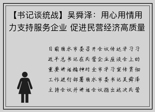 【书记谈统战】吴舜泽：用心用情用力支持服务企业 促进民营经济高质量发展