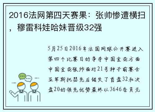 2016法网第四天赛果：张帅惨遭横扫，穆雷科娃哈妹晋级32强