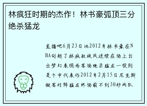 林疯狂时期的杰作！林书豪弧顶三分绝杀猛龙