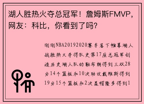 湖人胜热火夺总冠军！詹姆斯FMVP，网友：科比，你看到了吗？