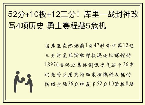 52分+10板+12三分！库里一战封神改写4项历史 勇士赛程藏5危机